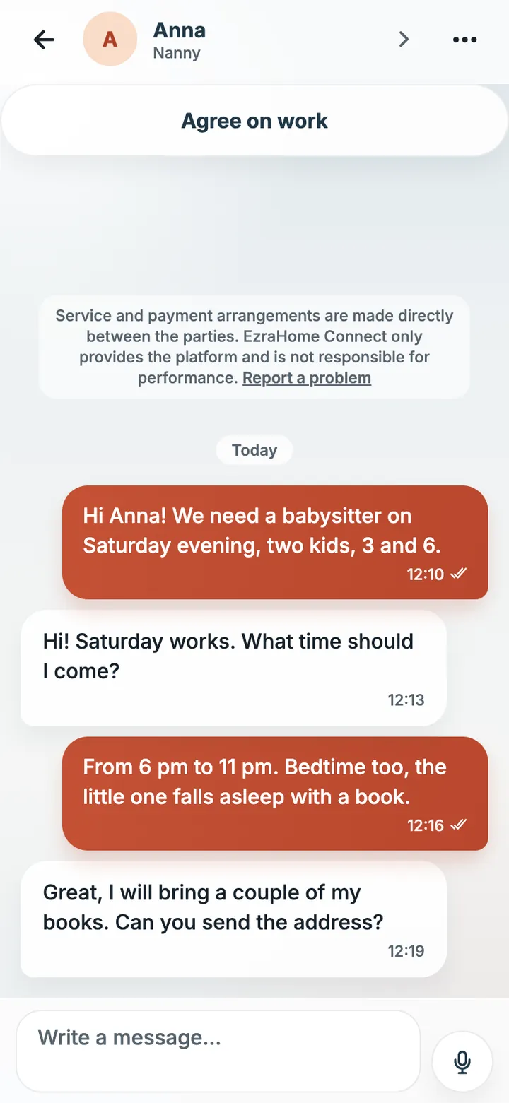 EzraHome Connect app screen: Chat