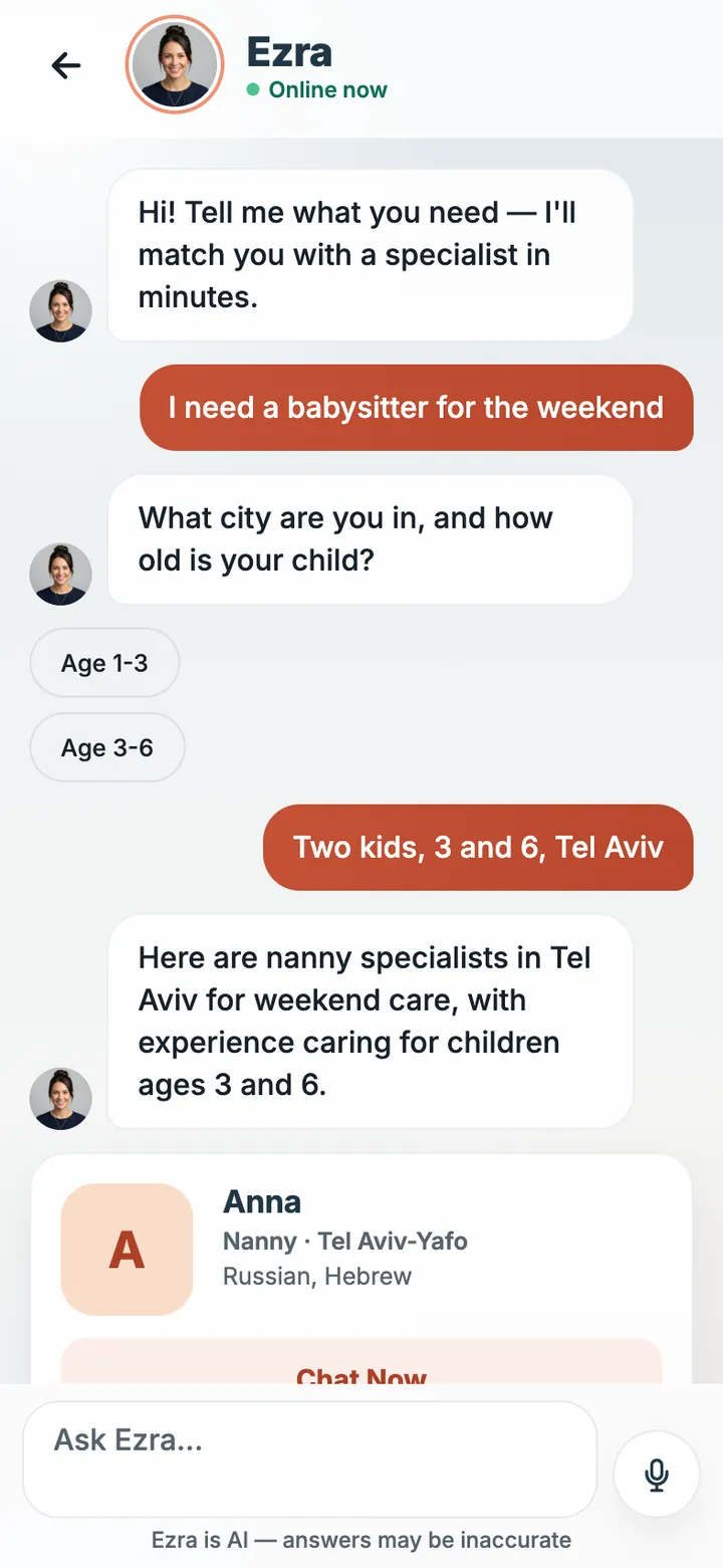 EzraHome Connect app screen: Talk to Ezra