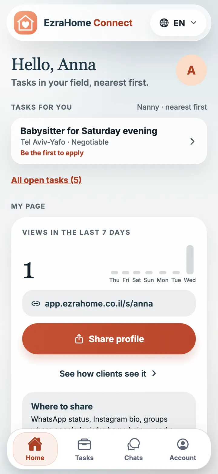 EzraHome Connect app screen: For helpers