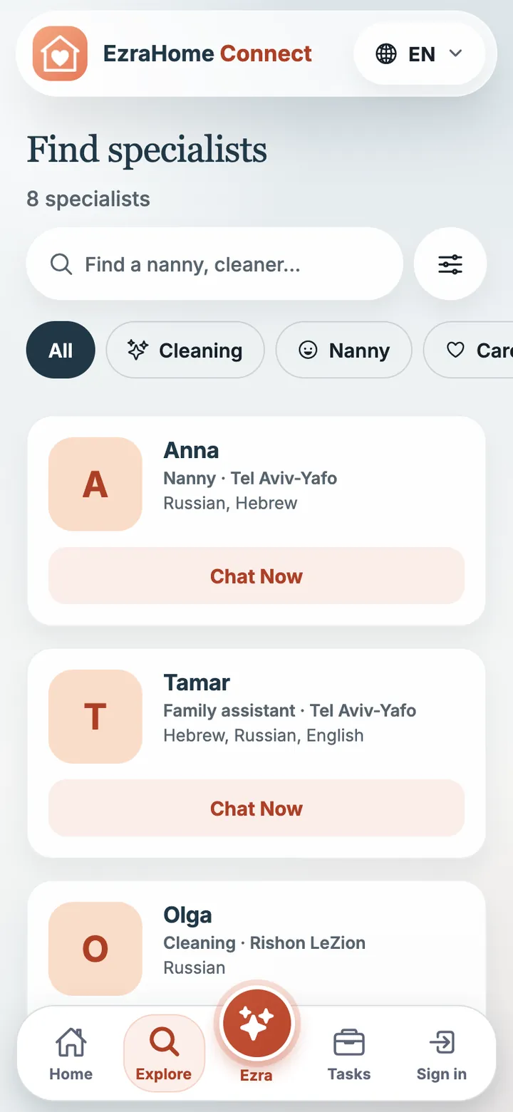 EzraHome Connect app screen: Search nearby