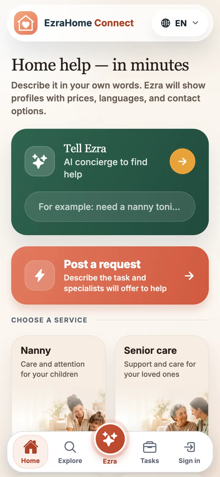 EzraHome Connect app screen: Home