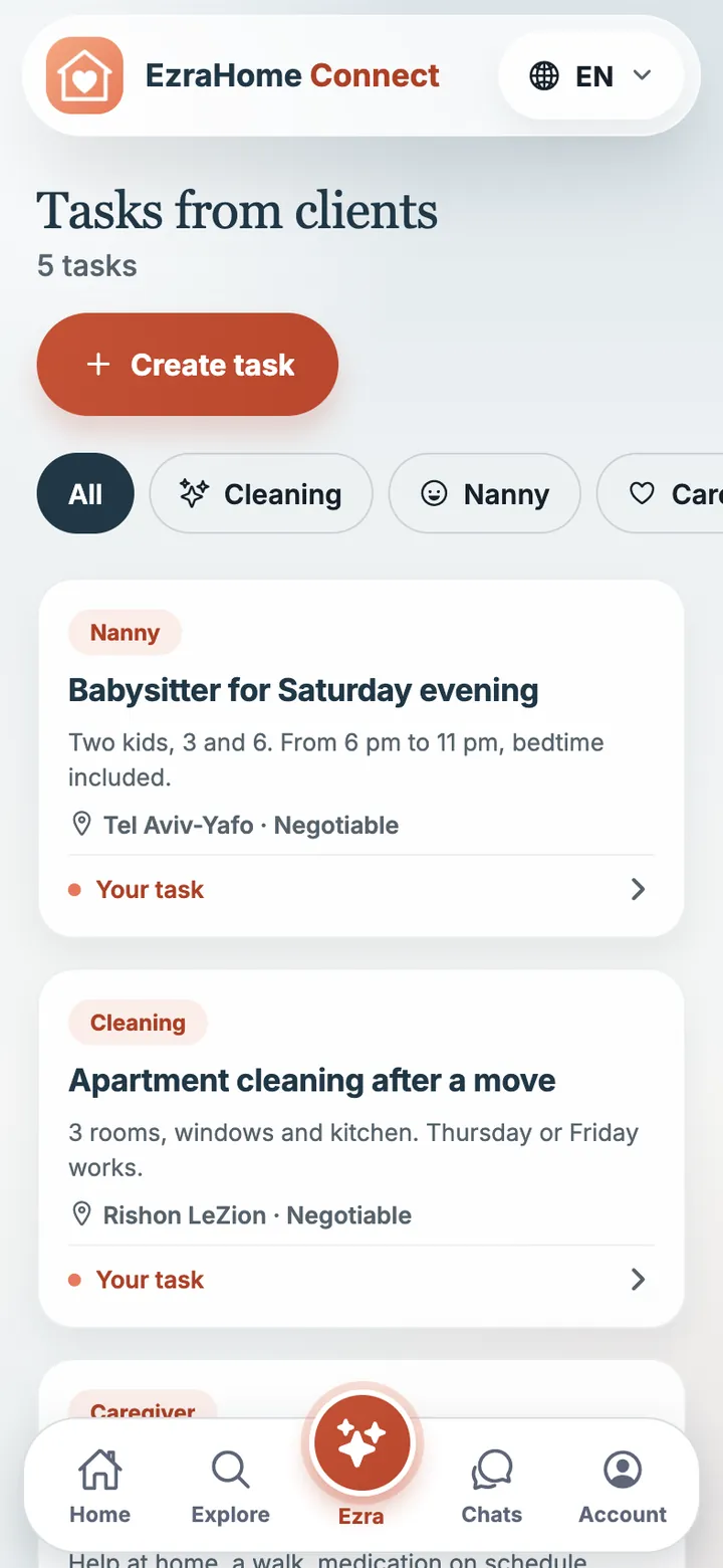 EzraHome Connect app screen: Jobs