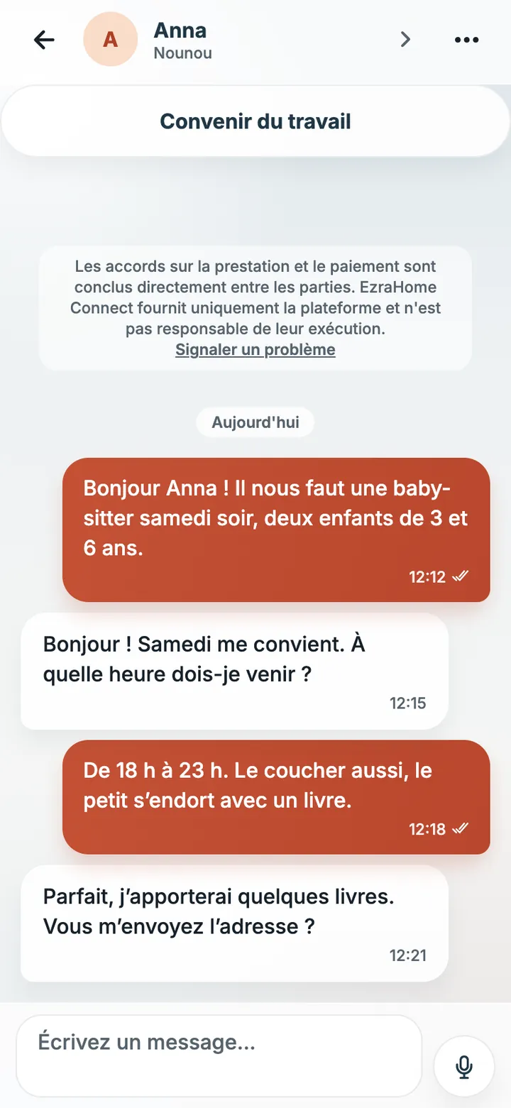 Écran de l’appli EzraHome Connect: Messagerie