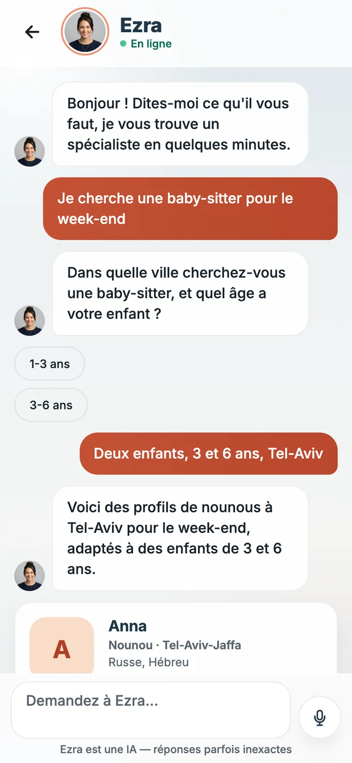 Écran de l’appli EzraHome Connect: Parler à Ezra