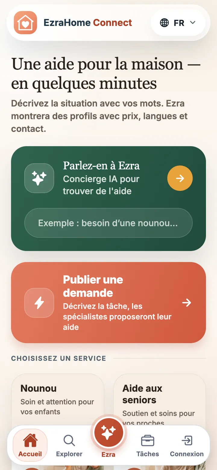 Écran de l’appli EzraHome Connect: Accueil