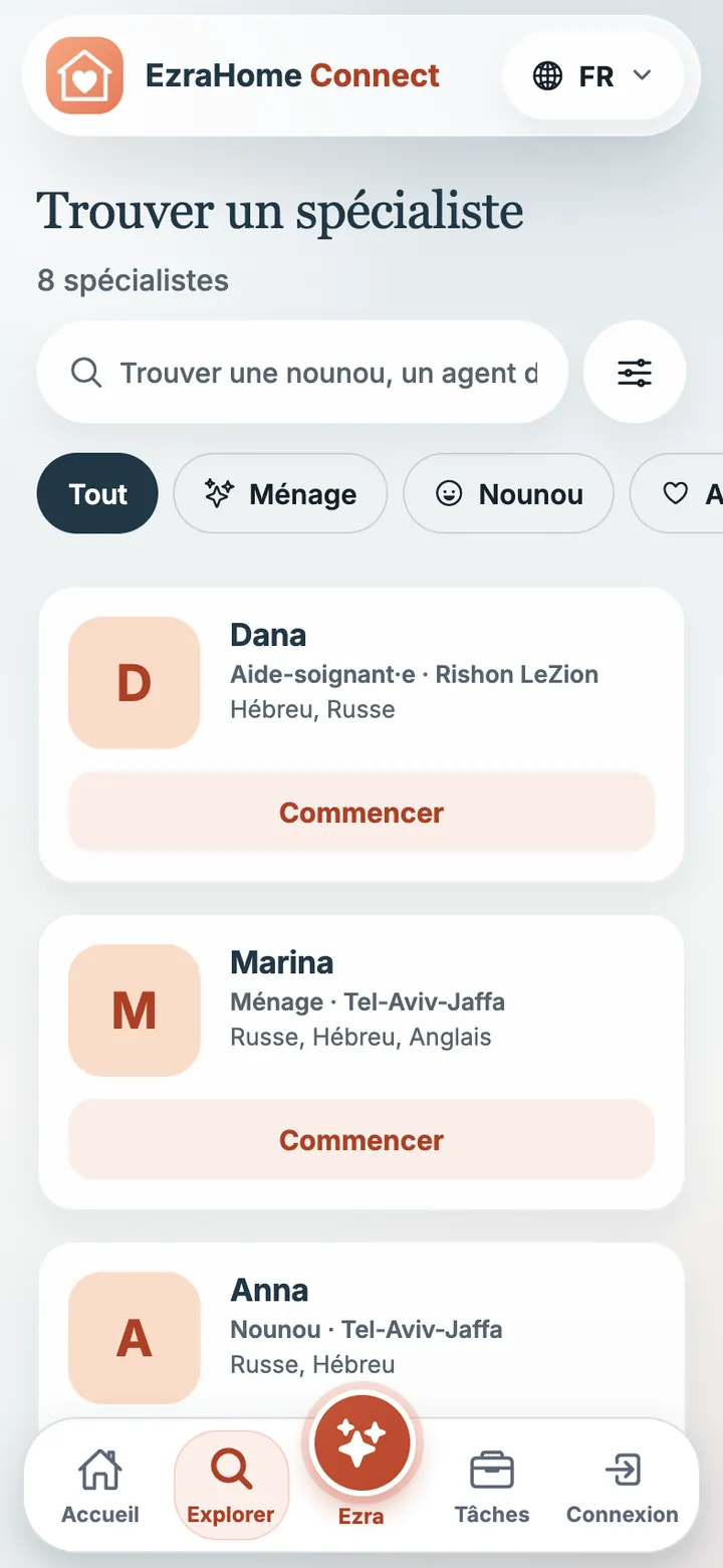 Écran de l’appli EzraHome Connect: Recherche à proximité