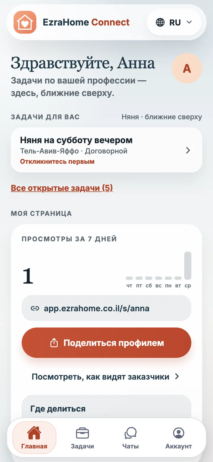 Экран приложения EzraHome Connect: Для исполнителей